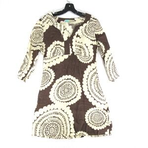 Boden Tunic Dress Womens Size 6 Brown Ivory Circle 3/4‎ Sleeve Top V Neck Zip